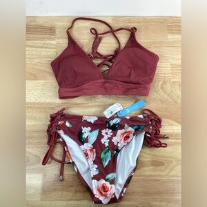 CUPSHE NWT  Maroon Floral Design Bikini NWT LARGE